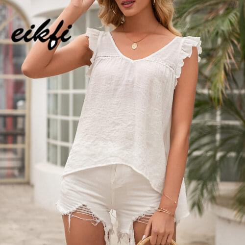 EIKFI Solid Back Tie Bandage Women T-shirts Summer OfficeLadies V Neck Butterfly Armhole Backless Casual Loose Tops and Shirts
