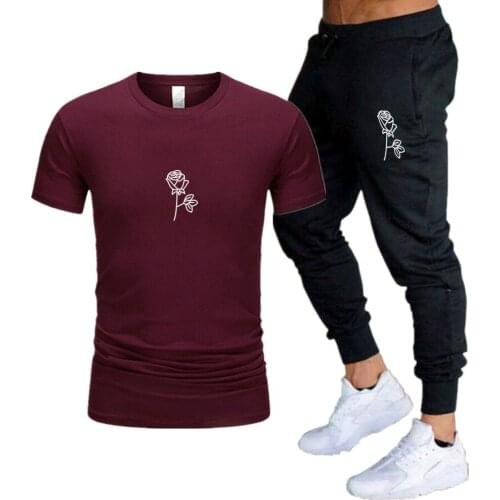 White Rose Printing Graphic T-Shirt Summer New Style Anime Fashion Mens Streetwear Sweatpants Suit Tops Cool Joggers Pants