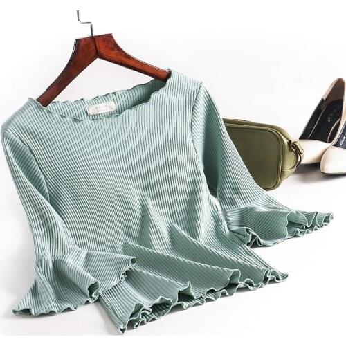 New Spring Summer Fashion Sweet Ruffles Knitted T-Shirts Three Quarter Flare Sleeve T Shirts Elegant Cotton Short T-Shirt Mw092