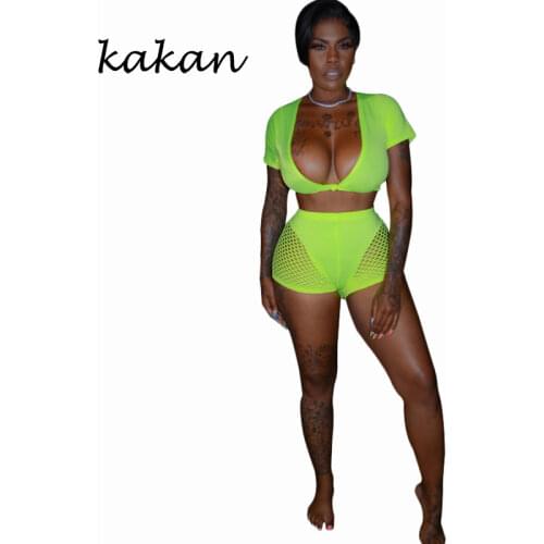 Kakan summer new womens jumpsuit two-piece mesh stitching casual short-sleeved V-neck jumpsuit shorts suit