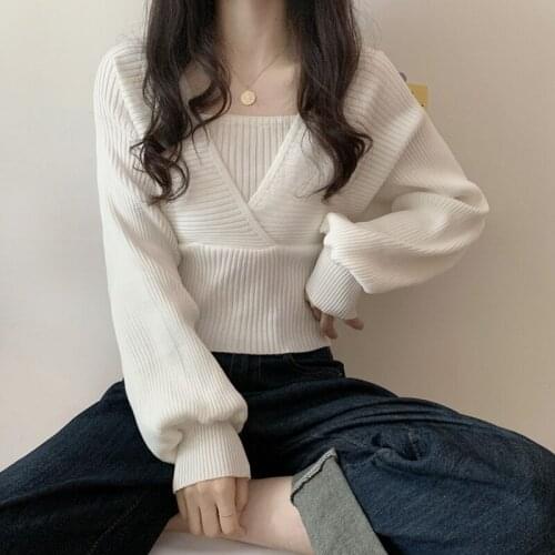 Design Sense Niche Fake Two-piece Square Neck Bottoming Shirt Women Early Spring Sweater Puff Sleeve Sweater Women