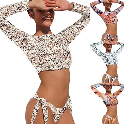 TWO-pieces Bikini set Bather Bathing Suit Swim Wear Sexy Printed Bikini Long Sleeve Swimsuit Female 2021 Women Swimwear