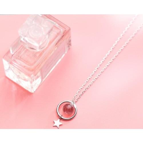 MloveAcc Real 925 Sterling Silver Round Circle Pendant Necklace with Star & Starwberry Crystal Charm Necklaces for Women