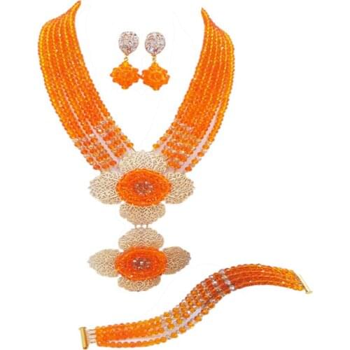 Fashion Orange Gold Nigerian Necklace African Wedding Beads Jewelry Set Crystal Bridal Jewelry Sets 6DHJZ12
