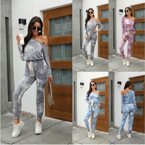 Fashion Women Off Shoulder Jumpsuit Tie Dye Overalls Elegant Casual Long Sleeve Bodycon Jumpsuit with Pocket Ladies Body Rompers