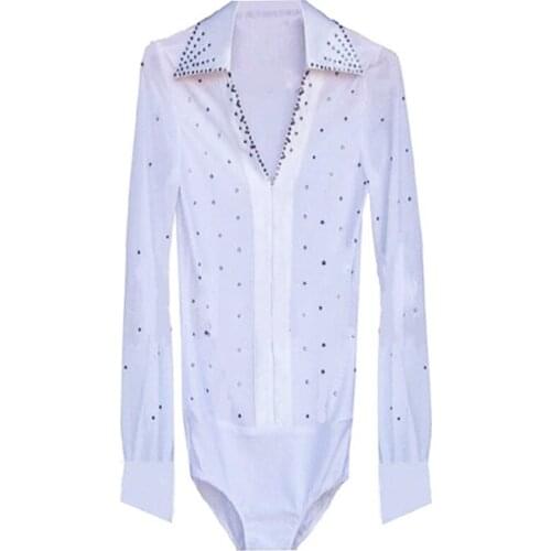 Mens White Latin dance Bodysuit Black Boys White Ballroom Uniform Diamond lapel long-sleeved Latin top manufacturers