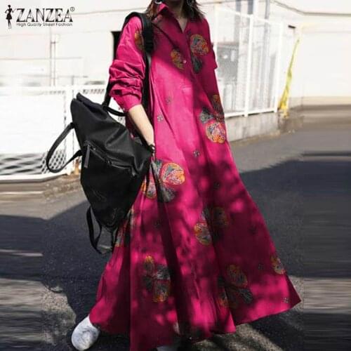 Autumn Retro Floral Printed Sundress ZANZEA Women Vintage Long Sleeve Maxi Long Dress Casual Lapel Neck Loose Vestidos Kaftan 7