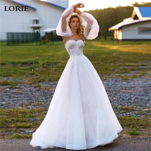 LORIE Sweetheart Neck Wedding Dress A-Line Appliques Detachable Puff Sleeves Bride Dress White Lace Top Wedding Gown