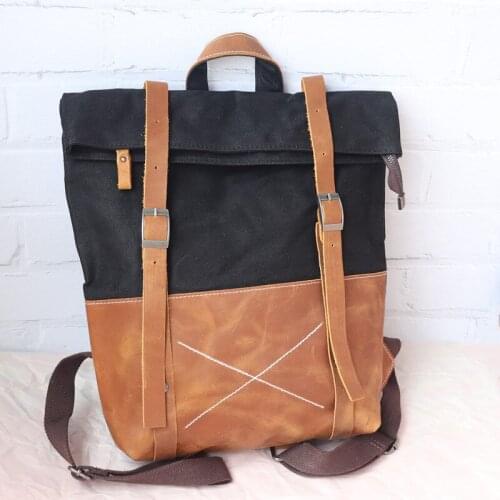 Military Leather Backpack For Men Canvas Student Schoolbags Solid Color Zip Hasp Waterproof Travel Rucksacks College School Bags