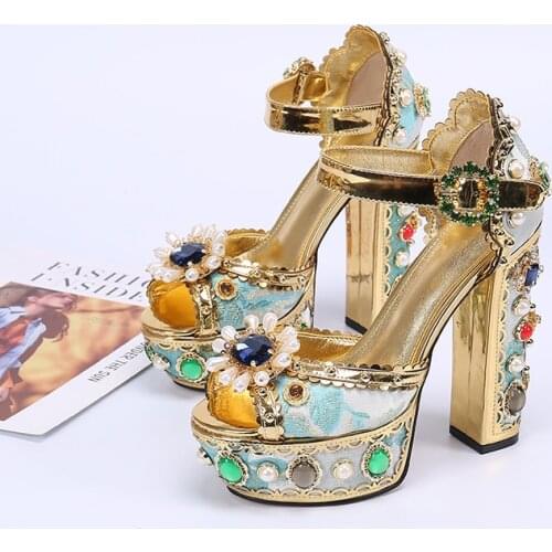 Vintage luxury womens shoes gold crystal Rhinestone stud platform maryjane high heels sandals bride party shoes large size 43