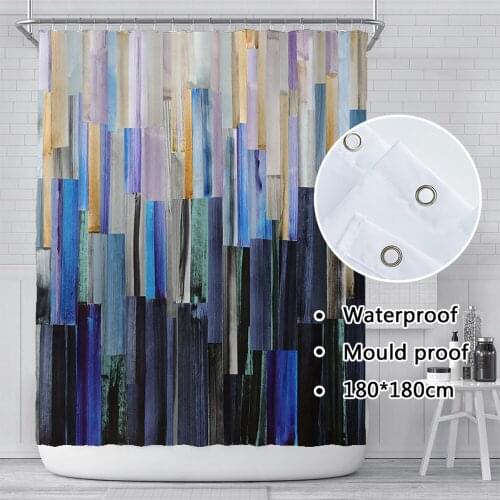 Retro Style Digital Printing Polyester Waterproof Shower Curtain Geometric Square Marble Wooden Door Bathroom Shower Curtain