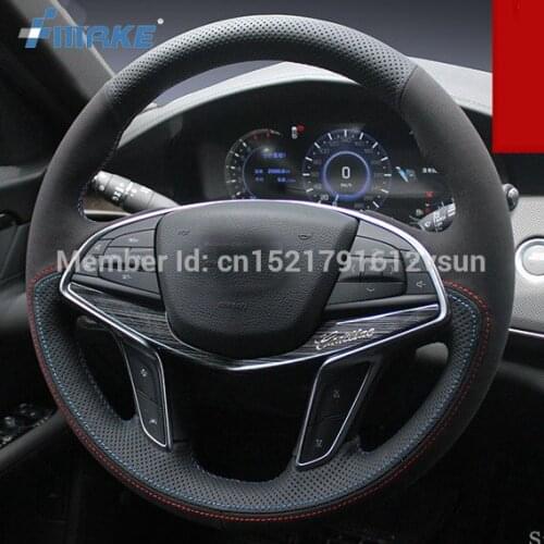 For Cadillac CT6 High Quality Hand-stitched Anti-Slip Black Leather Black Suede Red Blue Thread DIY Steering Wheel Cover