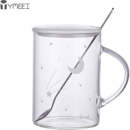 YMEEI Creative Glass Mug With Lid Spoon High Borosilicate Glass Cup Transparent Breakfast Coffee Milk Star Pattern Drinkware