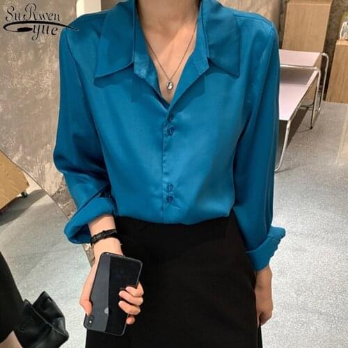 French Fashion Vintage Blouse Silk Satin Shirts Long Sleeve Blouse Women Ladies Tops Solid 4 Colors Lapel Womens Shirts 11045