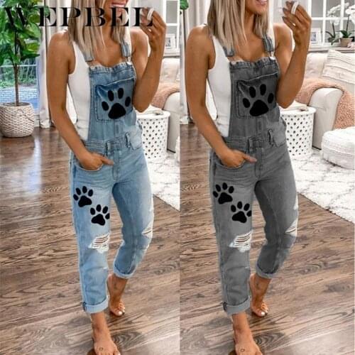 WEPBEL Womens Dog Footprints Printed Denim Overalls Jumpsuit Washed Ripped Broken Hole Jeans Long Skinny Jeans Romper Bib Pants
