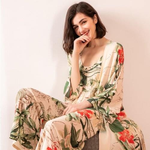 3 Pcs Women Pajamas Set Red Floral Printed Women pajamas Loose Lovely Green Leave Nightwear Spring Summer sleepwear female