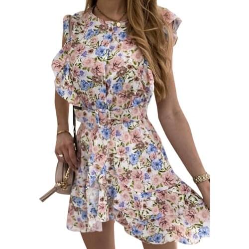Summer womens dress 2021 O Neck Floral Print Short Sleeveless Mini Dress with Belt for Dating Elegant dresses for women платье