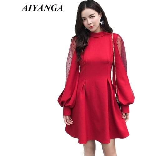Mesh Patchwork Womens Dress 2021 Spring Autumn High Waist Backless Bow Vestido Lantern Sleeve Mini Dresses For Women