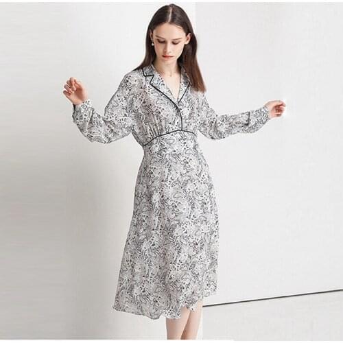 100% Silk Vintage Dress Women Printed Notched Neck High Waist Long Baiwing Sleeves Loose Elegant Dresses New Fashion Spring