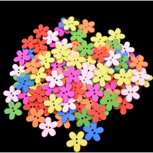 100PCS Random Color Flower Decorative Wooden Buttons Sewing Seam Scrapbooking Accessories Wood Button for Clothing