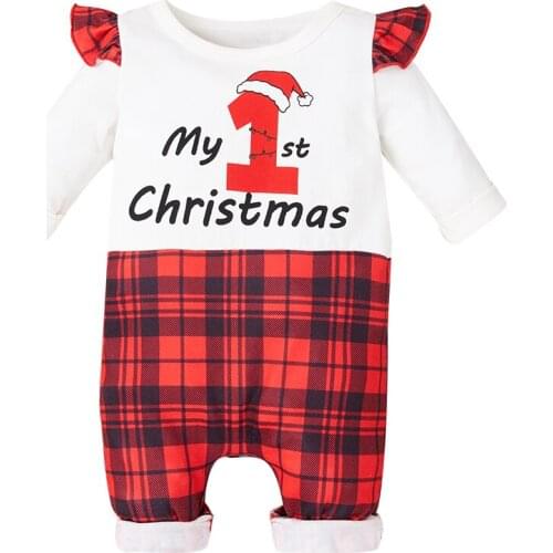 2020 Christmas Infant Baby Girls Clothing Ruffle Long Sleeve Letter Print Romper Plaid Long Pants Jumpsuits Fall Clothes 0-18M