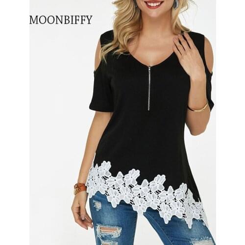 2021 Hollow Out Lady Blouse Women Zipper V Neck Short Sleeve Sexy T Shirt Summer Loose Lace Patchwork Casual Tops Streetwear 5XL