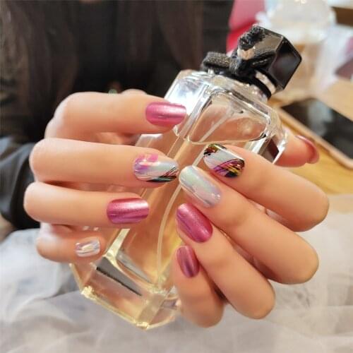 24pcs Pink Silver gradient Mirror False Nails Oval Ballet Nail Tip Extension Silver Nail Powder Decoration Wearing Manicure