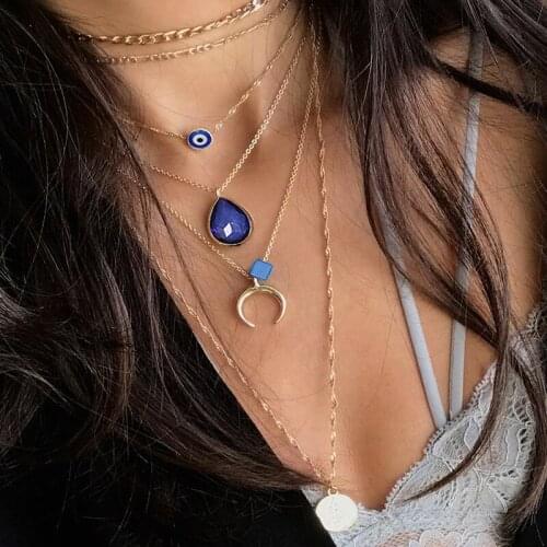 5 Pcs/Set Women Vintage Necklaces Set Boho Eye Moon Geometric Crystal Pendant Multilayer Gold Color Necklace Ladies Sexy Jewelry