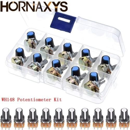 B1K 2K 5K 10K 20K 50K 100K 250K 500K 1M WH148 Potentiometer Kit 15mm/20mm Linear Taper Rotary Potentiometer Resistor 3pin + Cap