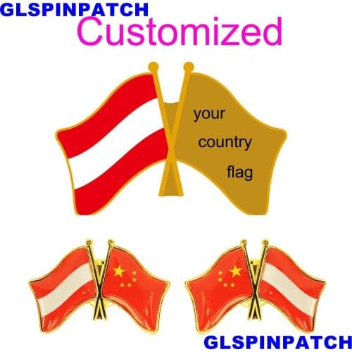 Austria Crossed Friendship Flag Double Country lapel pin Brooch USA UK France Chile Russia Saudi Arabia Japan Spain Badge