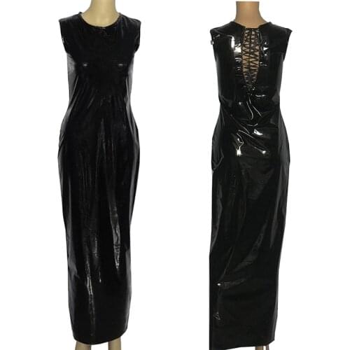 Reversible-wear Women Dress Sleeveless Black PVC Dress Sexy Bow Long Dress Lace-up O-neck Vestido Nightclub Pole Dancing Costume