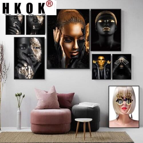 HKOK Black Gold Art Woman Oil Painting On Canvas Cuadros Posters Prints Scandinavian Wall Art Picture Modern Home Decor Unframed