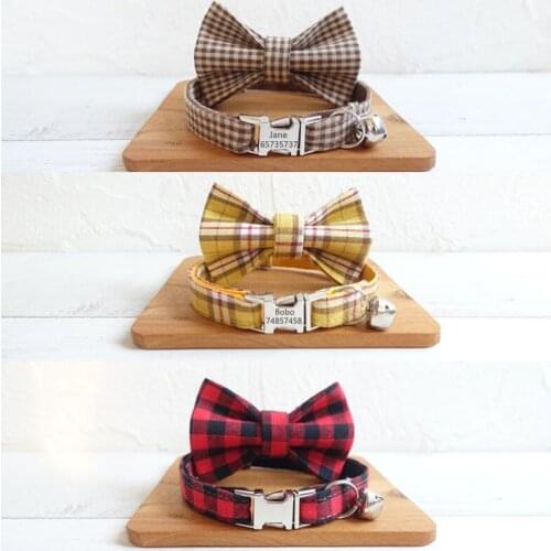 Personalized Cat Collar with Bell Bowtie Yorshire Chihuahua Collars Adjustable Engraving Tag Nameplate KittenKitty Cat Necklace