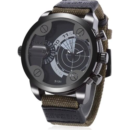 Mens Watches Dual Time Zone Quartz-Watch Canvas Strap Big Face Army Military Quartz Clock Male Sports Relogio Masculino D3131