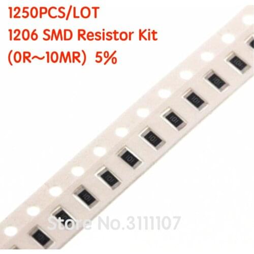 1250PCS/LOT 1206 SMD Resistor Kit (0R~10MR) 5% Chip Resistance Assorted Set 100%NEW 50 Kinds Each 25PCS