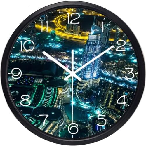 Dubai City Airview Night sky Beauty Light Wall Clock Hot Fashion Silent Large Living Room Real Photo Wall Clock Home Decor