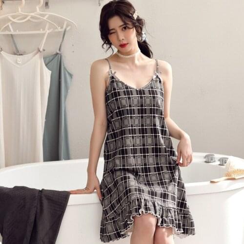 2021 New Cotton Nightdress Womens Sling Simple Plaid Pijamas Summer Thin Plus Size Night Dress Girl Casual Home Clothing Suit