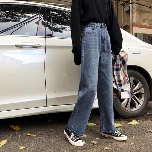 2021 New Womens Spring New High Waist Denim Wide Leg Trouser Vintage Washed Y2K Baggy Blue Girl Student Straight Long Pants