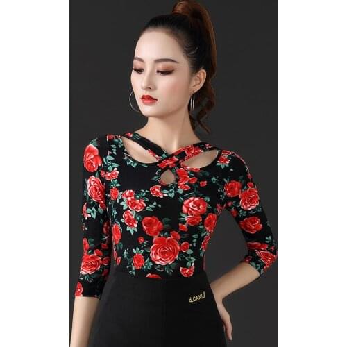 Latin Dance Exercise Clothing Female Printing Adult Dance Cloths Sexy Tops Cross Collar Off-shoulder Latin Performance Clothing