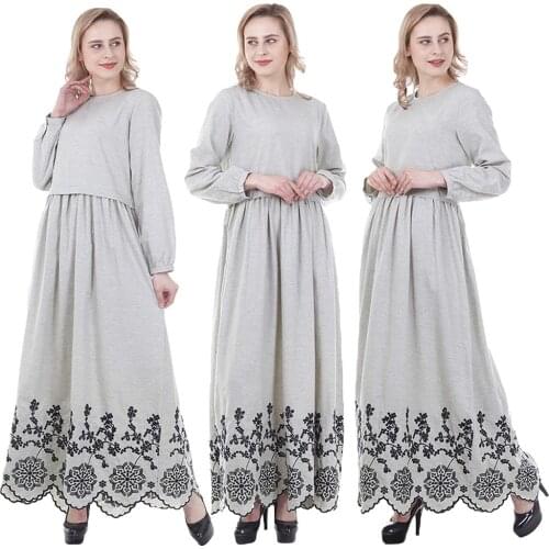Ramadna Abaya Women Muslim Long Sleeve Maxi Dress Embroidery O-Neck Casual Loose Pleated Kaftan Vintage Dubai Turkey Clothing