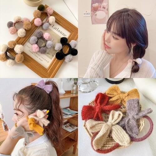 Pompom Elastic Hair Bands Ties Furry Balls Bowknot Rubber Band Lovely Hair Accessories Scrunchie Ponytail Holder For Women Girls