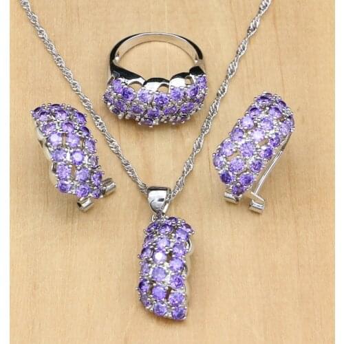 Luxury 925 Silver Bridal Jewelry Purple Cubic Zirconia White Zircon Jewelry Sets For Women Earring/Pendant/Ring/Necklace Set