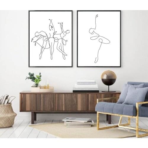 Self-adhesive Wall Sticker Abstract Ballerina One Line Body Drawing Art Black White Artwork Dance Poster Girl Room Wall Decor