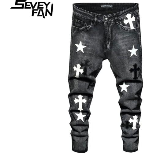 SEVEYFAN 2021 Cross Embroidery Jeans Mens Elastic Skinny Pencil Denim Pants Hip Hop Joggers for Male