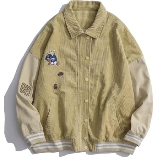 Hip Hop Rugby Bear Embroidery Corduroy Coat Men Women Streetwear Jacket 2021 Winter Harajuku Jackets