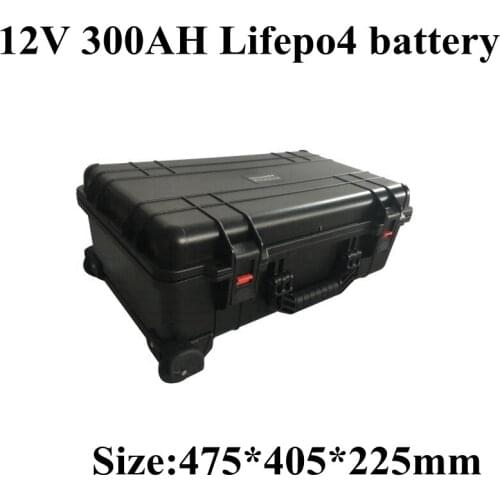 Waterproof 12V 300AH Lifepo4 Battery Lithium BMS with Wheel Trolley for Boat Solar System Golf Cart EV UPS + 20A Charger