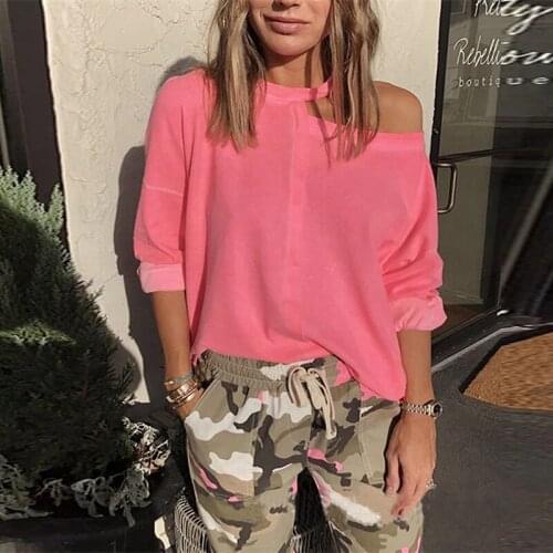 OMSJ Womens Trendy T-shirt Irregular Hollow Out Off Shoulder Tee Bat Sleeve Loose Pullover Slant Collar Solid Casual Sweatshirt