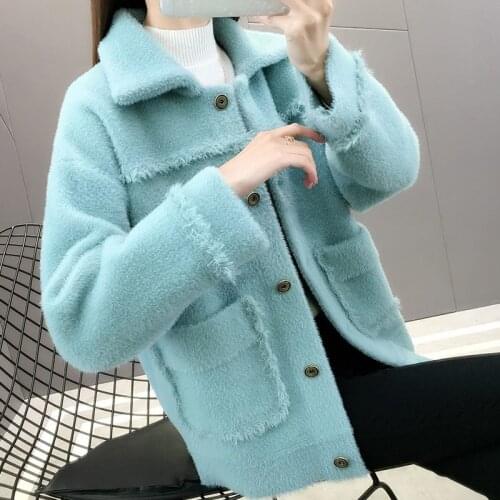 Womens Faux Mink velvet Sweater Jacket 2021 New Winter Warm Short Wool Coat With pockets Solid Casual Female Cardigan Outwear