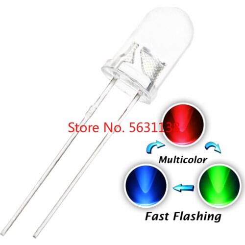 100pcs 5mm/f5 RGB Fast Flashing LED Red Green Blue 3 Colors Changing Multicolor Flicker Water Clear Round Head Lamps Light Beads