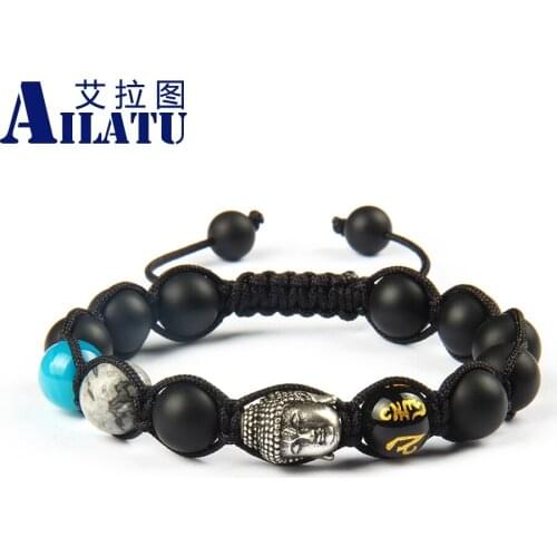 Ailatu OM MANI PADME HUM Stone Antique Buddha Macrame Bracelet Natural Matte Black Onyx Beads